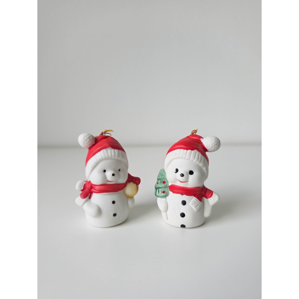 Vintage Ceramic Snowman Christmas Ornaments Set of 2 Red Santa Hat Taiwan